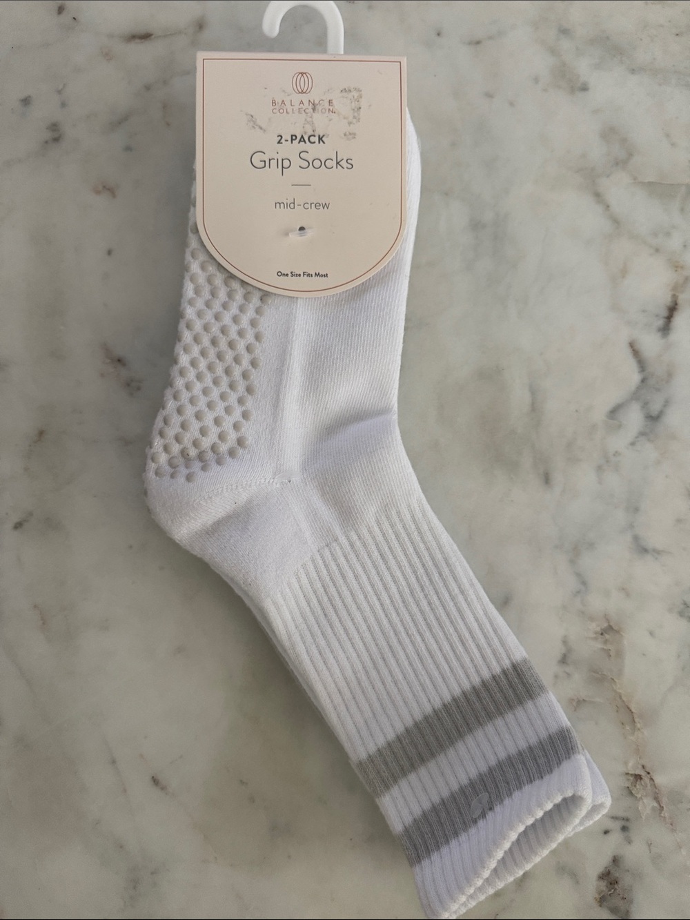 Balance Collection White Mid-Crew Grip Socks with Gray Stripes - 2 Pack